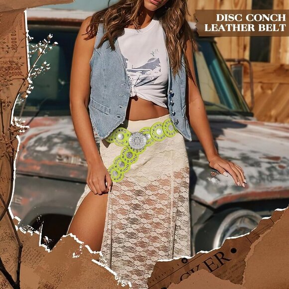 Women Vintage Disc Waist Concho Leather Belt Boho Waist Belt Light Green Silver main image 4